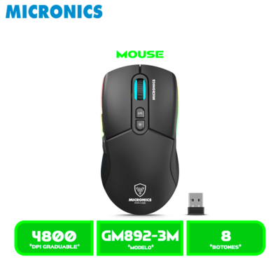 MOUSE MICRONICS MIRAGE 3 GAMER LED RGB MIC (GM892-3M) BT, WIFI, RECARGABLE, 7B, 4800 DP