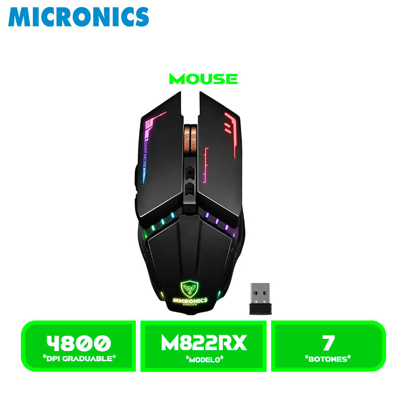 MOUSE MICRONICS RANGER RX MIC M822RX WIFI RECARGABLE 7 LEDS 7B 4800 DP