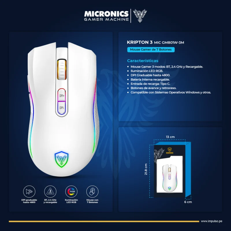 MOUSE MICRONICS KRIPTON GAMER MIC GM801W-3M BT, WIFI, RECARGABLE RGB 4800DPI8B. WHITE