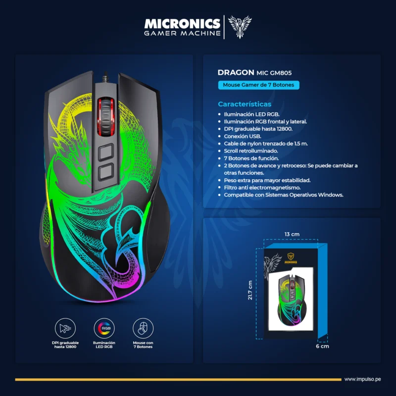 MOUSE MICRONICS DRAGON MIC GM805 GAMER CABLEADO RGB 7B 12800 DP