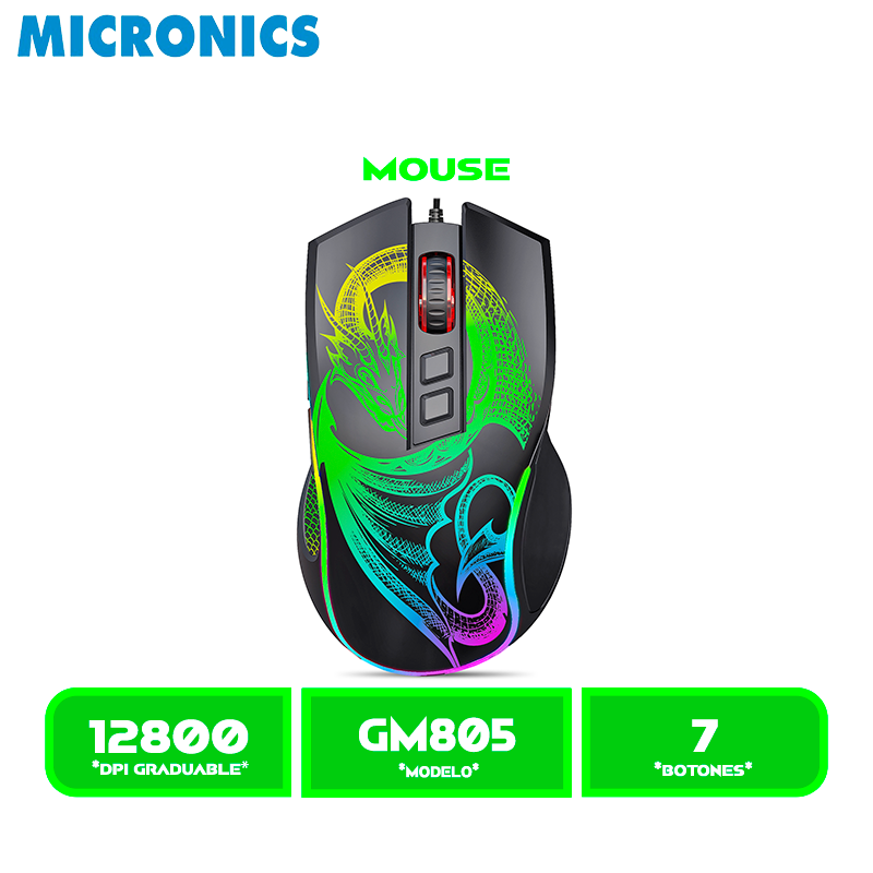 MOUSE MICRONICS DRAGON MIC GM805 GAMER CABLEADO RGB 7B 12800 DP