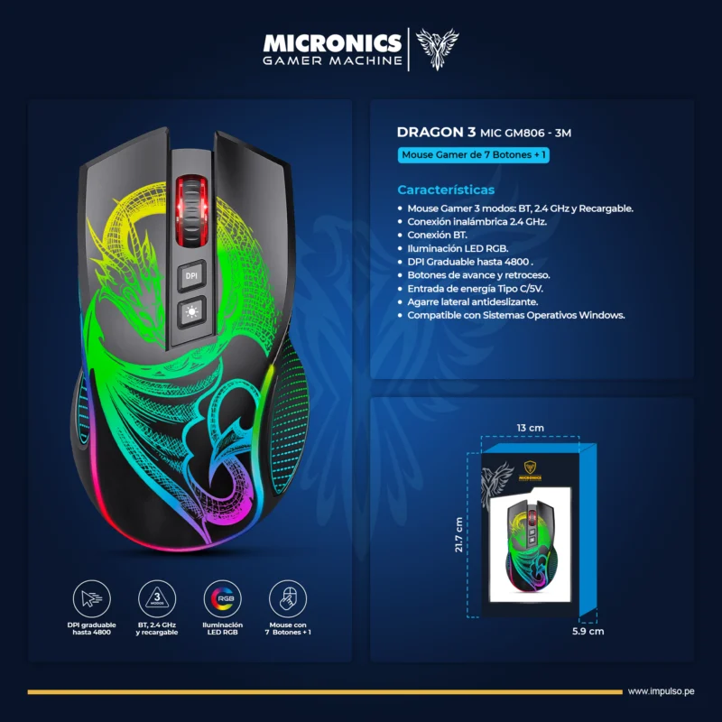 MOUSE MICRONICS DRAGON 3 MIC GM806-3M BT WIFI USB-C RECARGABLE RGB