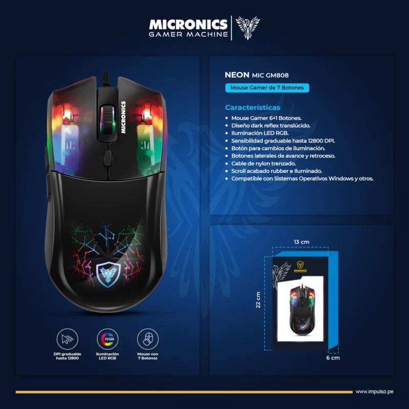 MOUSE MICRONICS NEON GAMER CABLEADO RGB 7B 12800 DPI MIC GM808 USB
