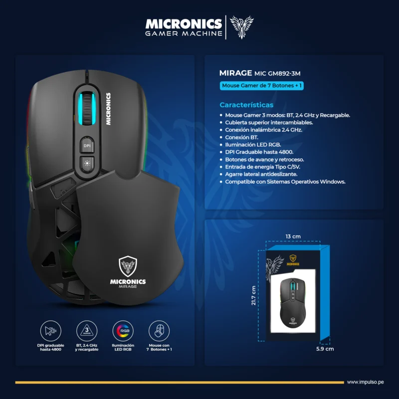 MOUSE MICRONICS MIRAGE 3 GAMER LED RGB MIC (GM892-3M) BT, WIFI, RECARGABLE, 7B, 4800 DP