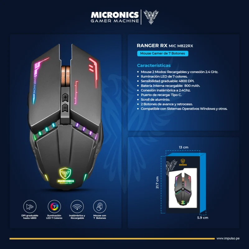 MOUSE MICRONICS RANGER RX MIC M822RX WIFI RECARGABLE 7 LEDS 7B 4800 DP