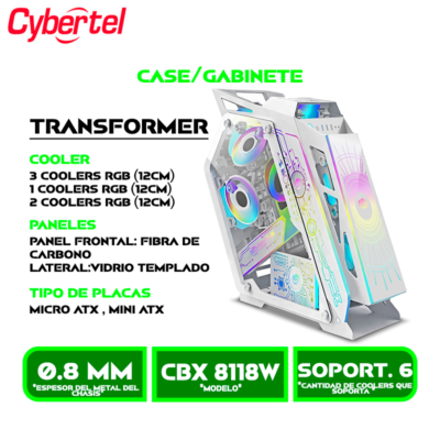CASE CYBERTEL TRANSFORMER CBX 8118W, S/FUENTE, 6FAN ARGB, USB 3.0 - 2.0 WHITE