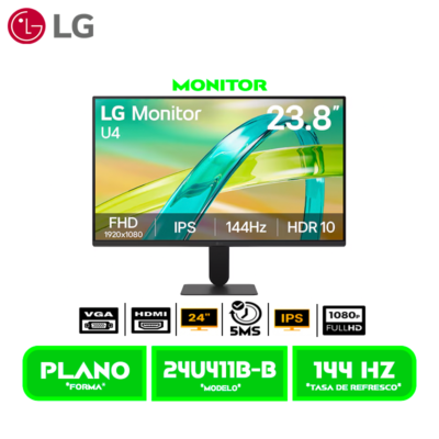 MONITOR LG LED 24 IPS (24U411B-B) 144Hz 1ms MBR 1 X HDMI 1 X DSUB VGA HDR10 99 sRGB Borderless Tilt