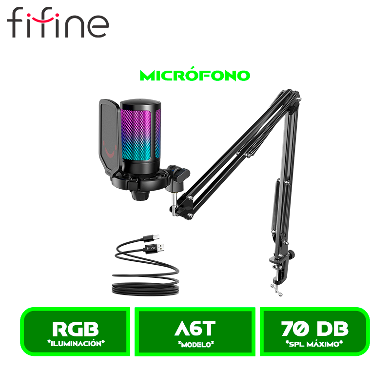 MICROFONO FIFINE AMPLIGAME A6T RGB CON SOPORTE DE BRAZO BLACK/NEGRO