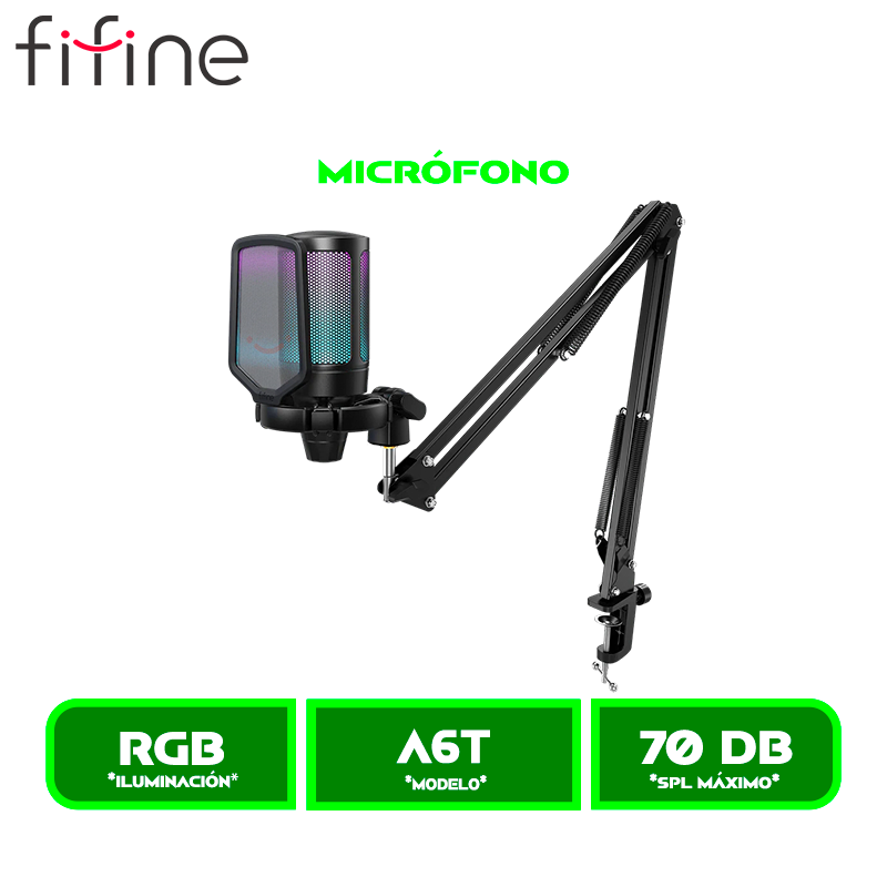 MICROFONO FIFINE AMPLIGAME A6T RGB CON SOPORTE DE BRAZO BLACK/NEGRO