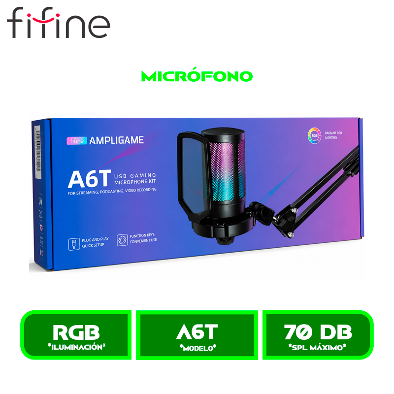 MICROFONO FIFINE AMPLIGAME A6T RGB CON SOPORTE DE BRAZO BLACK/NEGRO