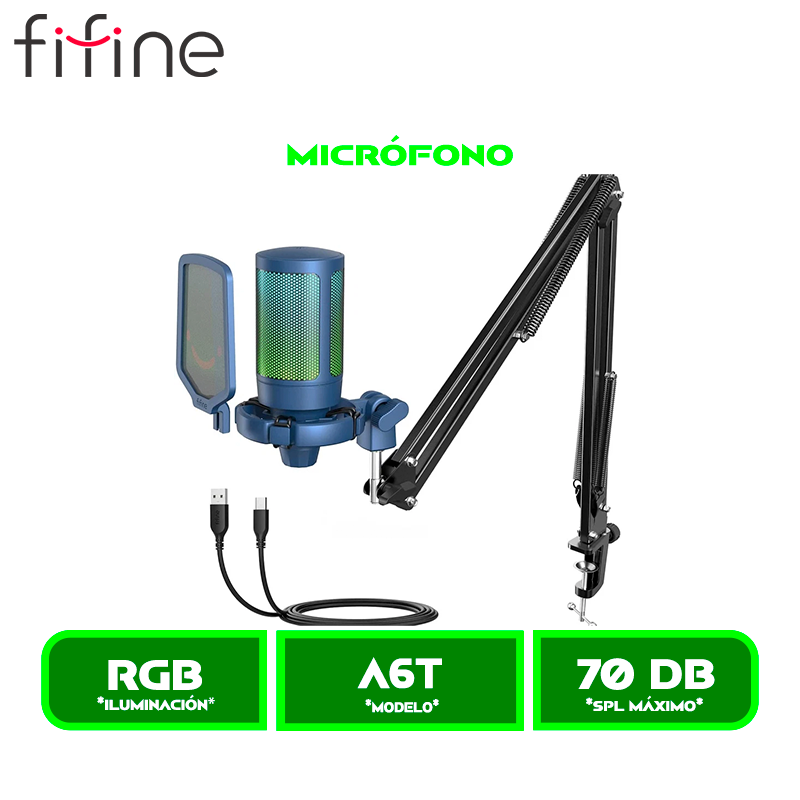 MICROFONO FIFINE AMPLIGAME A6T RGB CON SOPORTE DE BRAZO BLUE/AZUL
