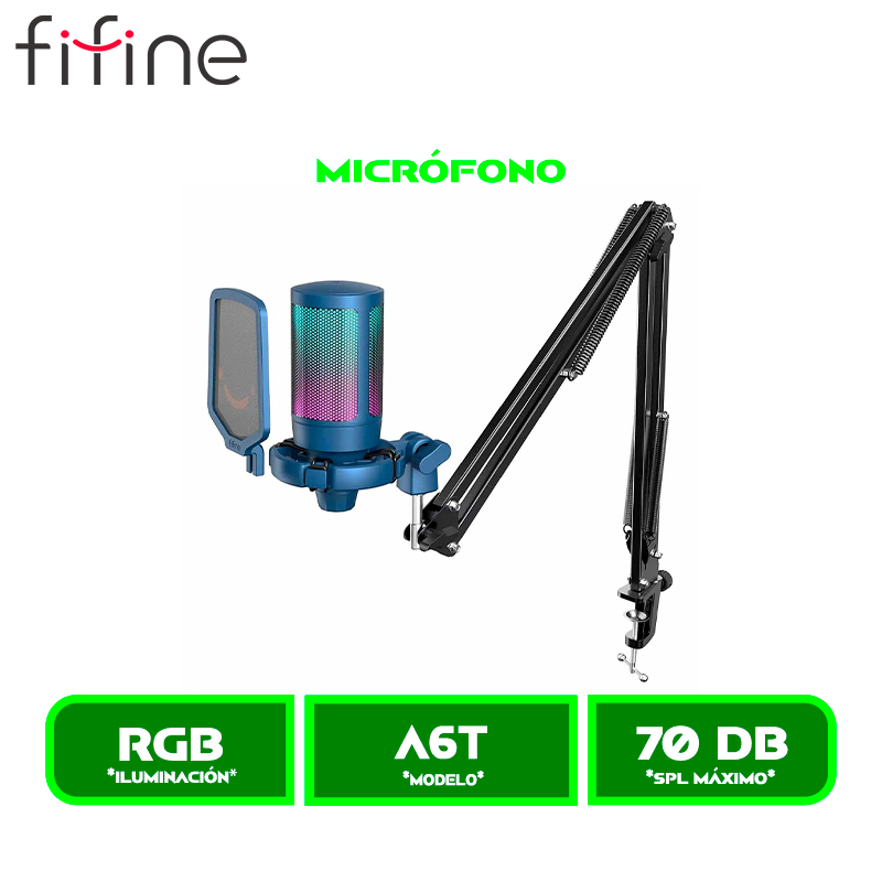 MICROFONO FIFINE AMPLIGAME A6T RGB CON SOPORTE DE BRAZO BLUE/AZUL