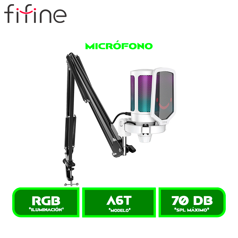 MICROFONO FIFINE AMPLIGAME A6T RGB CON SOPORTE DE BRAZO WHITE/BLANCO
