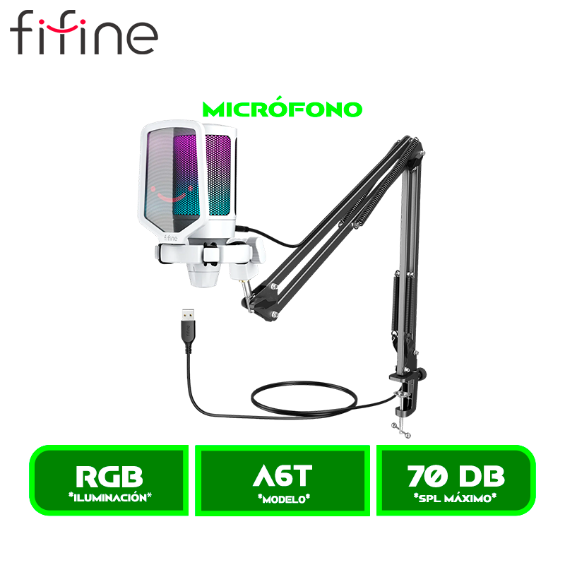 MICROFONO FIFINE AMPLIGAME A6T RGB CON SOPORTE DE BRAZO WHITE/BLANCO