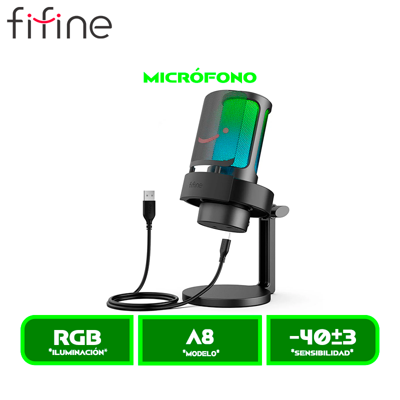 MICRÓFONO FIFINE GAMER A8 CONDENSADOR USB, RGB, MUTE Y MONITOREO BLACK/NEGRO