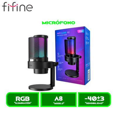 MICRÓFONO FIFINE GAMER A8 CONDENSADOR USB, RGB, MUTE Y MONITOREO BLACK/NEGRO