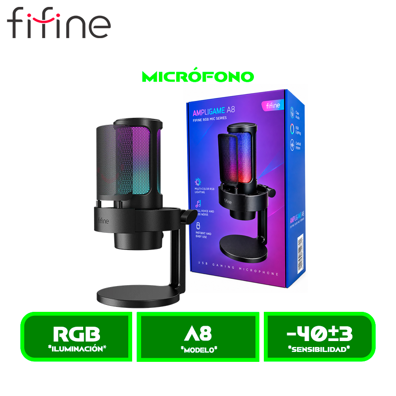 MICRÓFONO FIFINE GAMER A8 CONDENSADOR USB, RGB, MUTE Y MONITOREO BLACK/NEGRO