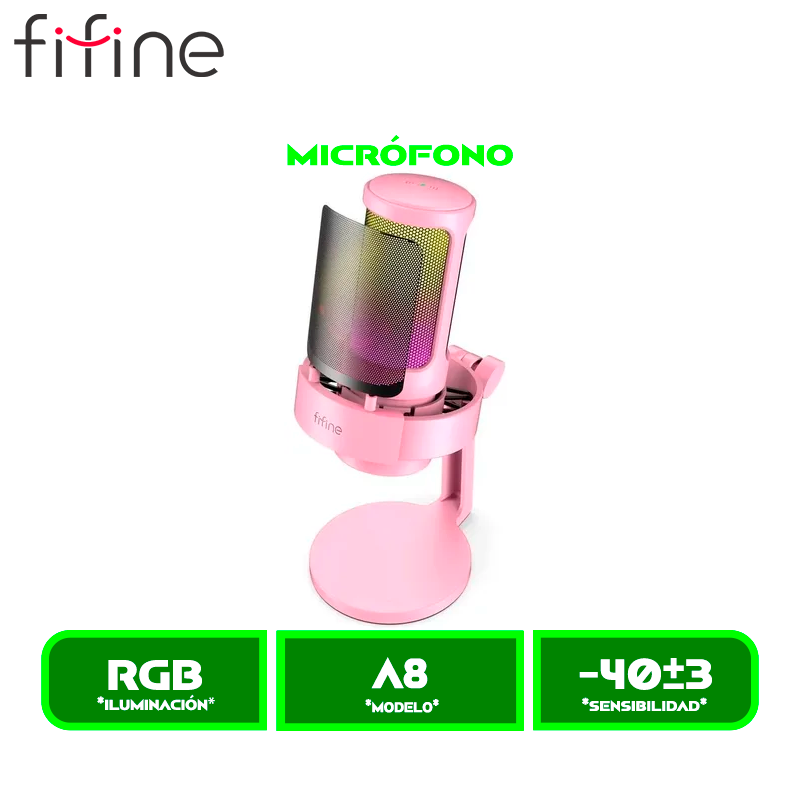 MICRÓFONO FIFINE GAMER A8 CONDENSADOR USB, RGB, MUTE Y MONITOREO PINK/ROSADO
