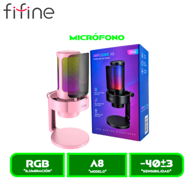MICRÓFONO FIFINE GAMER A8 CONDENSADOR USB, RGB, MUTE Y MONITOREO PINK/ROSADO