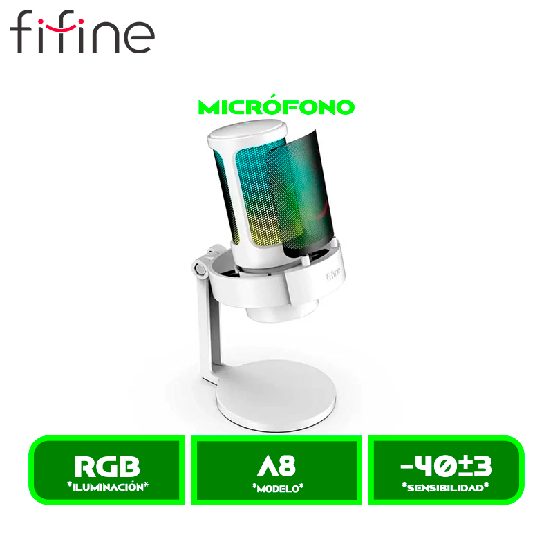 MICRÓFONO FIFINE GAMER A8 CONDENSADOR USB, RGB, MUTE Y MONITOREO WHITE/BLANCO