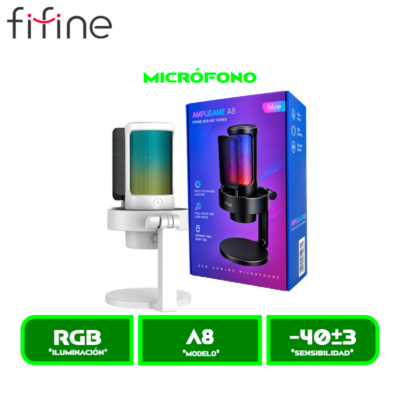 MICRÓFONO FIFINE GAMER A8 CONDENSADOR USB, RGB, MUTE Y MONITOREO WHITE/BLANCO