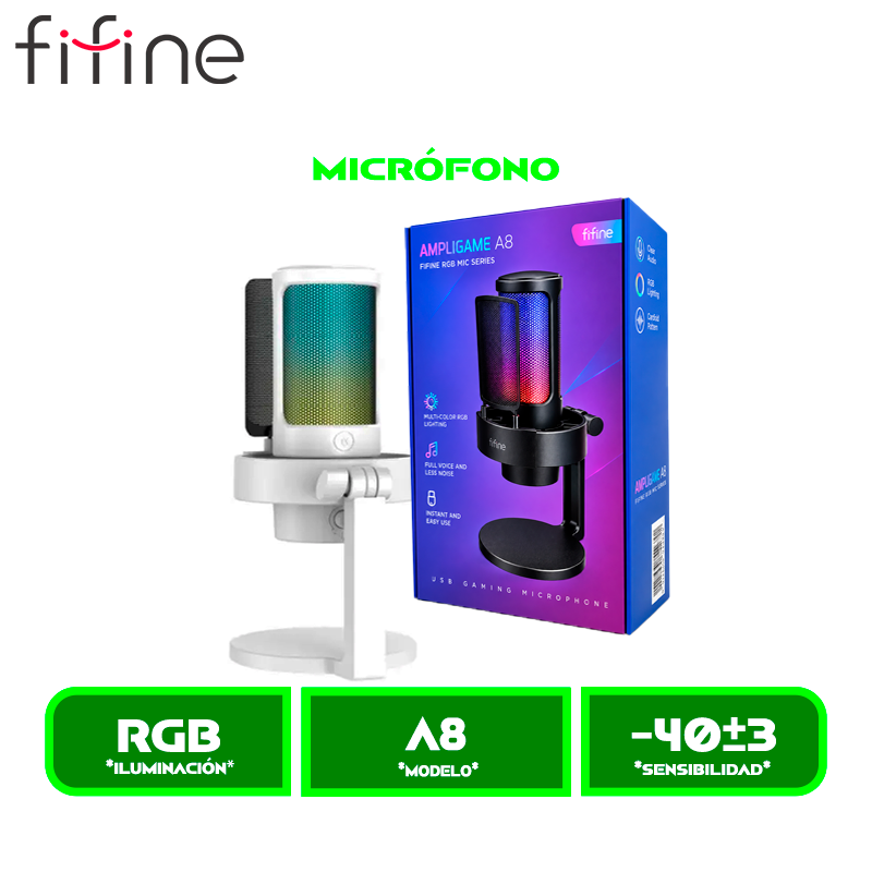 MICRÓFONO FIFINE GAMER A8 CONDENSADOR USB, RGB, MUTE Y MONITOREO WHITE/BLANCO