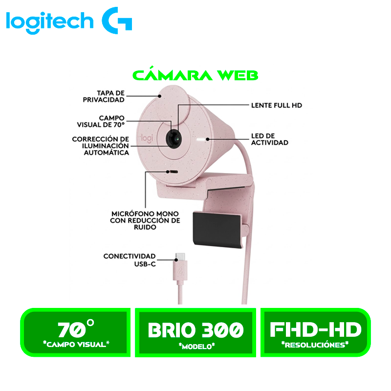 CAMARA LOGITECH BRIO 300 FHD 1080P USB-C ROSE (960-001446)