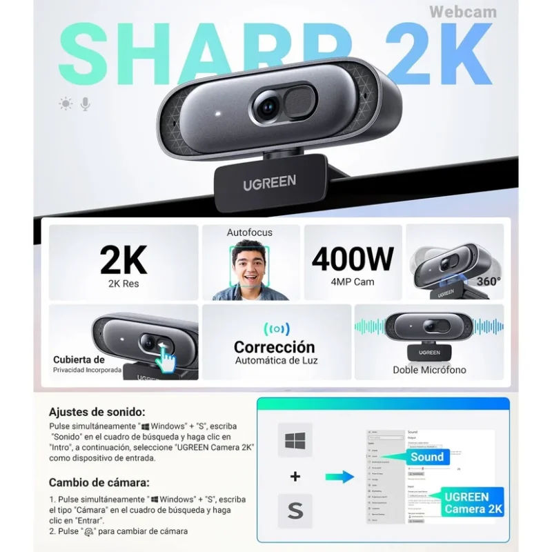 CAMARA UGREEN 2K 30fps CON MICROFONO DUAL Y ENFOQUE AUTOMATICO (CM778) 35626 BLACK