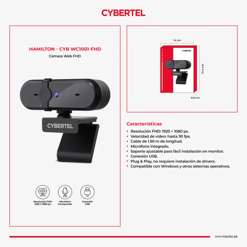 CAMARA WEB CYBERTEL HAMILTON CYB WC1001-FHD 1080P, C/MICROF USB
