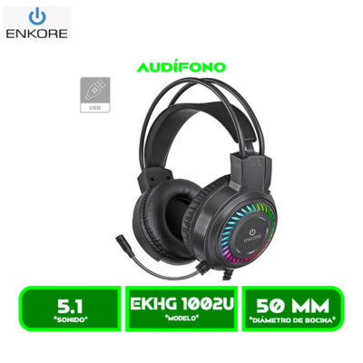 AUDIFONO C/MICROFONO ENKORE FALCON 5.1 EKHG 1002U GAMER USB, LED RAINBOW BLACK