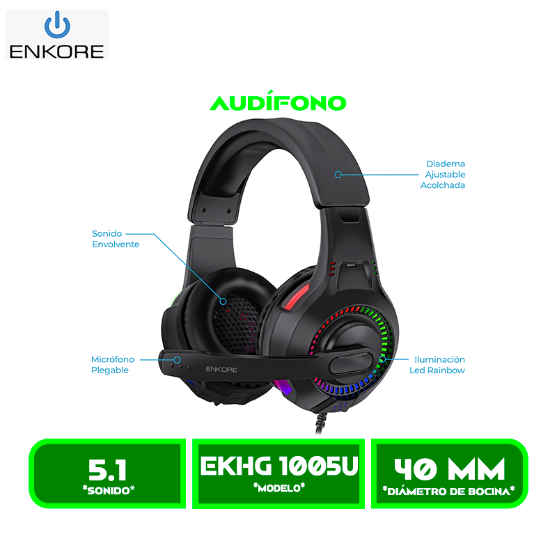 EKHG 1005U 1 AUDIFONO C/MICROFONO ENKORE BRAVIO 5.1 EKHG 1005U GAMER USB RAINBOW BLACK