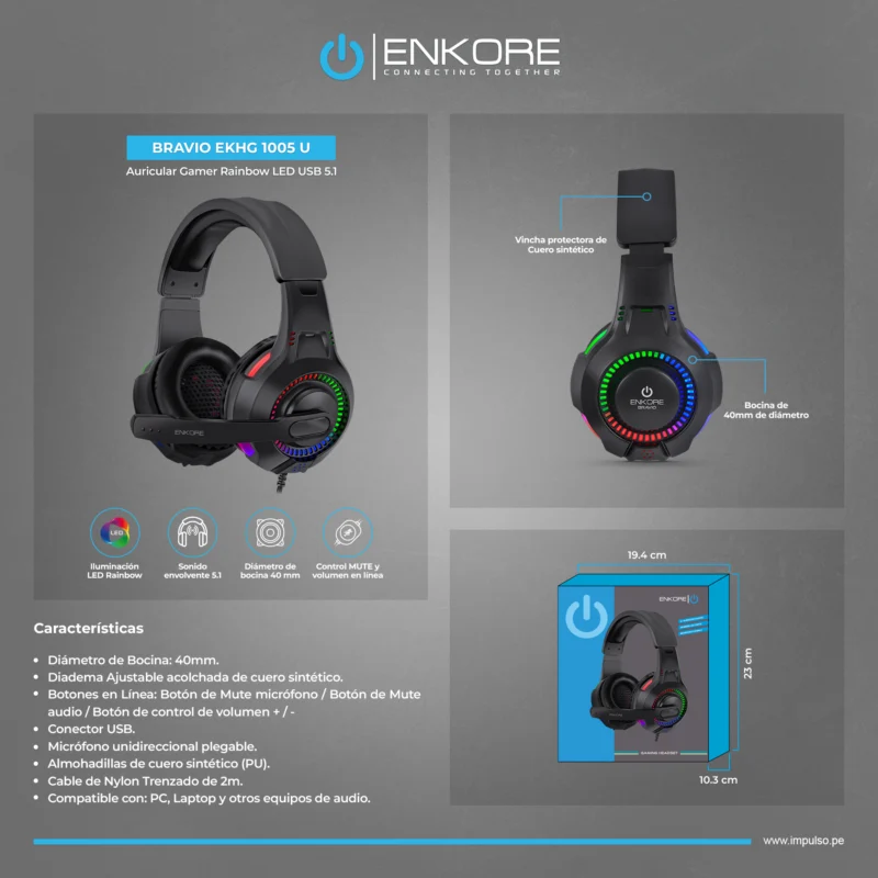 EKHG 1005U 3 AUDIFONO C/MICROFONO ENKORE BRAVIO 5.1 EKHG 1005U GAMER USB RAINBOW BLACK