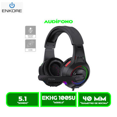 AUDIFONO C/MICROFONO ENKORE BRAVIO 5.1 EKHG 1005U GAMER USB RAINBOW BLACK