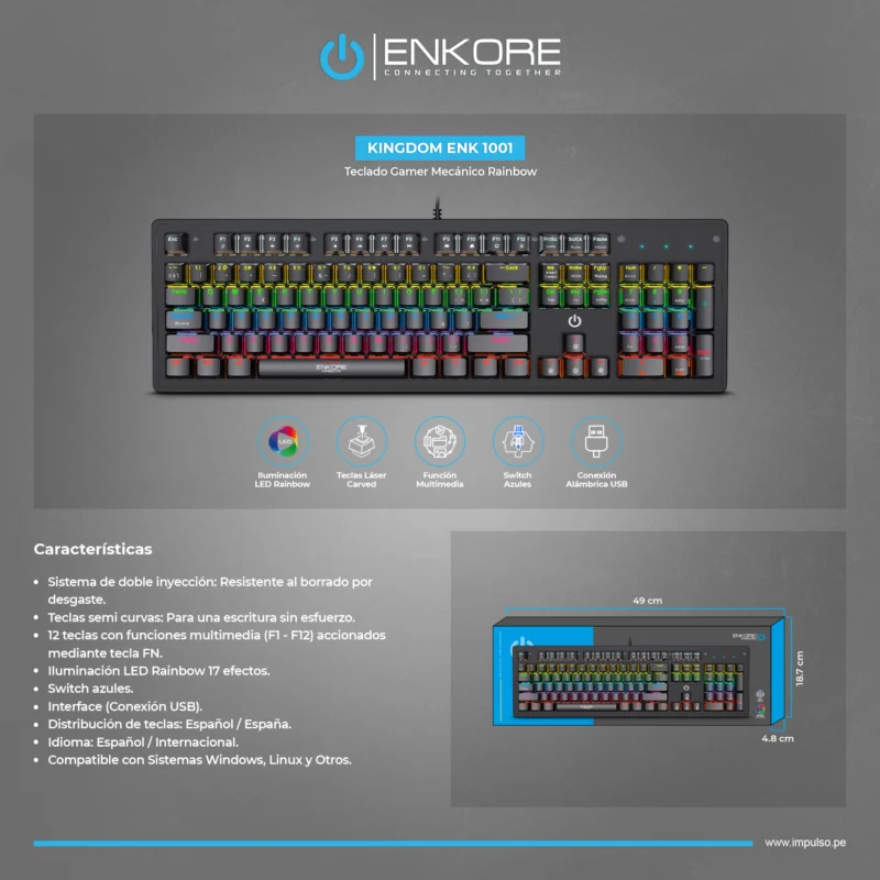 ENK 1001 2 TECLADO MECANICO ENKORE KINGDOM ENK 1001 RAINBOW SWITCH BLUE BLACK
