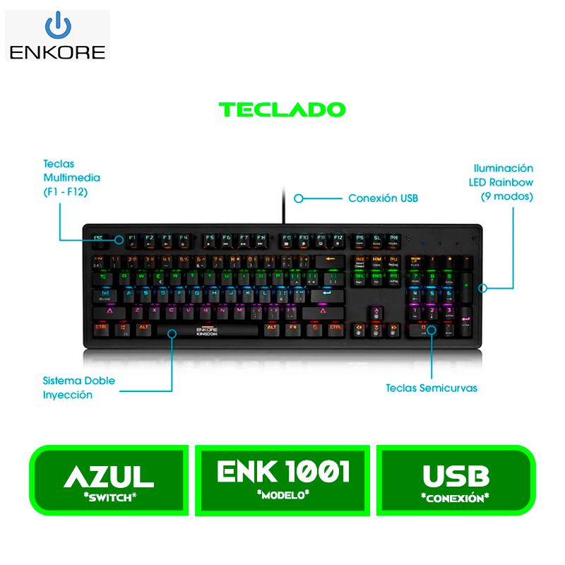 ENK 1001 2 TECLADO MECANICO ENKORE KINGDOM ENK 1001 RAINBOW SWITCH BLUE BLACK