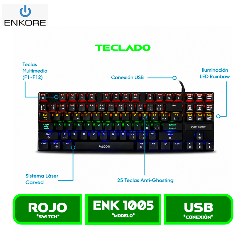 ENK 1005 1 TECLADO ENKORE FALCON 87 KEYS MECANICO ENK 1005 RAINBOW NEGRO
