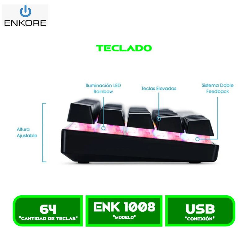 ENK 1008 2 TECLADO MECANICO ENKORE ENK 1008 KINGDOM 64 RAINBOW GAMER USB