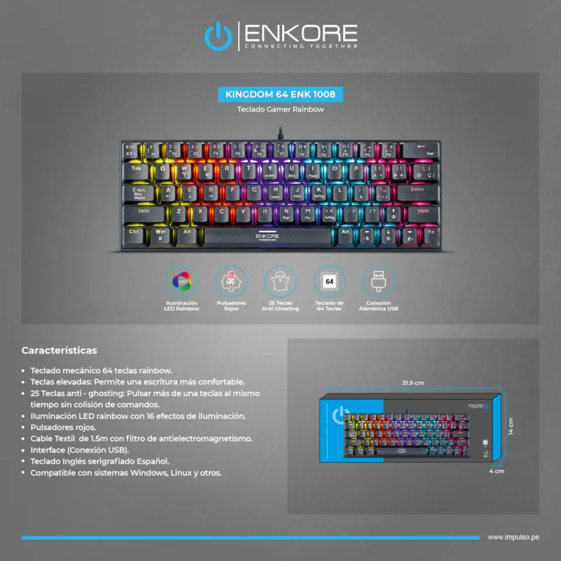 ENK 1008 3 TECLADO MECANICO ENKORE ENK 1008 KINGDOM 64 RAINBOW GAMER USB