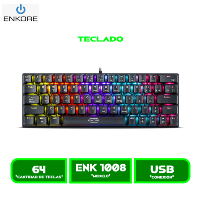 TECLADO MECANICO ENKORE ENK 1008 KINGDOM 64 RAINBOW GAMER USB