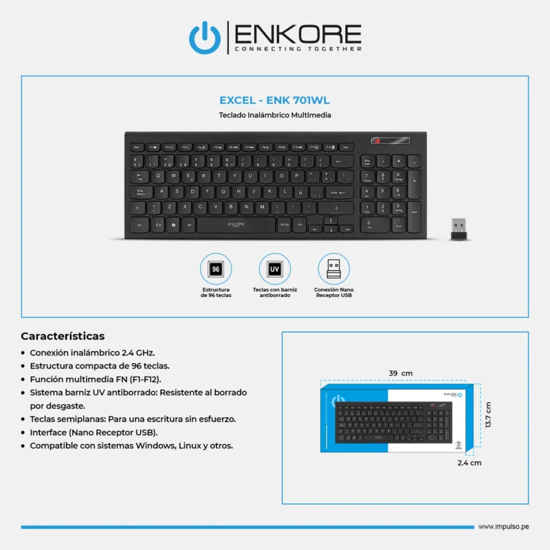 TECLADO MULTIMEDIA ENKORE EXCEL ENK 701WL WIFI