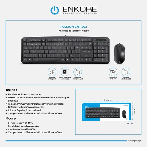 KIT TECLADO+MOUSE ENKORE ENT 502 FUSSION CABLEADO USB BLACK