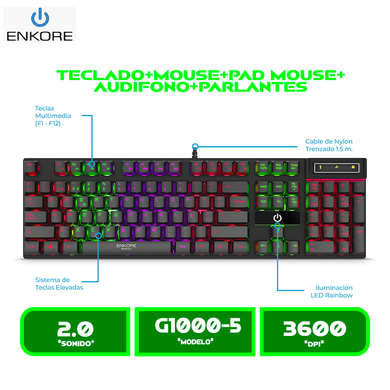 COMBO ENKORE BRAVIO ENT G1000-5 RAINBOW TECLADO MOUSE AURICULAR PARLANTE PAD MOUSE GAMER RGB