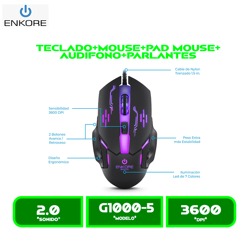 COMBO ENKORE BRAVIO ENT G1000-5 RAINBOW TECLADO MOUSE AURICULAR PARLANTE PAD MOUSE GAMER RGB