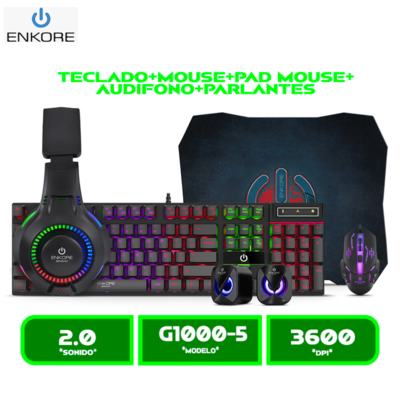 ENT G1000-5 COMBO ENKORE BRAVIO ENT G1000-5 RAINBOW TECLADO MOUSE AURICULAR PARLANTE PAD MOUSE GAMER RGB
