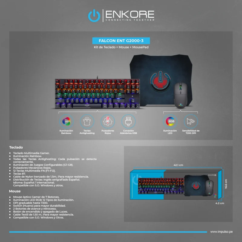 COMBO ENKORE FALCON BLACK ENT G2000-3 TECLADO+MOUSE+PAD MOUSE