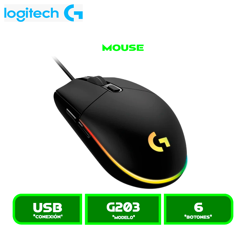 MOUSE LOGITECH G203 LIGHTSYNC OPTICAL 8000 DPI RGB BLACK (910-005790)