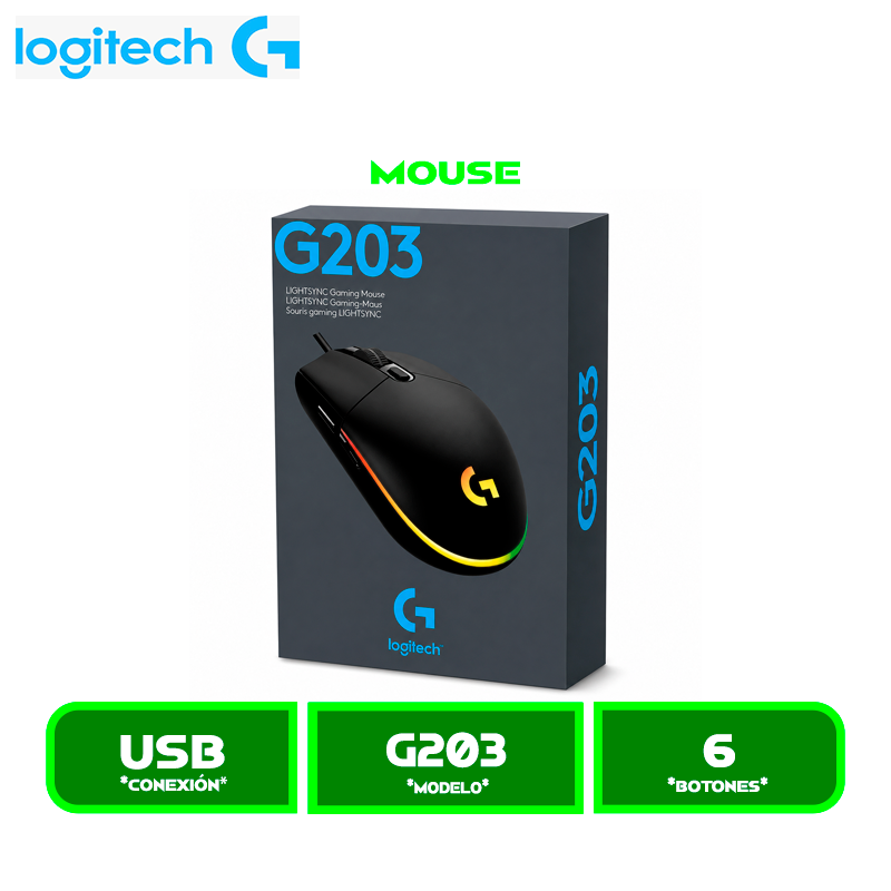MOUSE LOGITECH G203 LIGHTSYNC OPTICAL 8000 DPI RGB BLACK (910-005790)