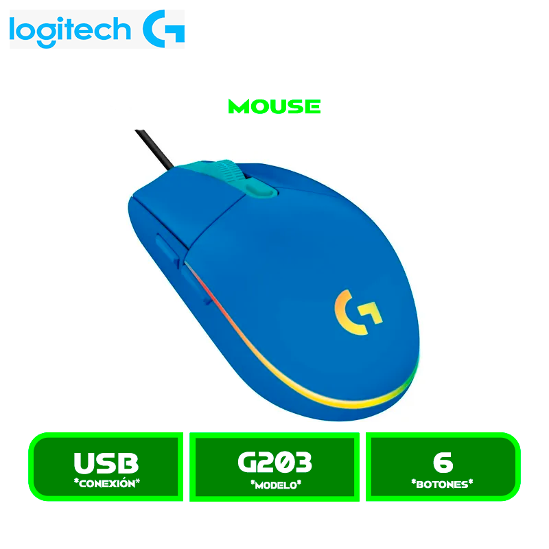MOUSE LOGITECH G203 LIGHTSYNC OPTICAL 8000 DPI RGB BLUE (910-005792)