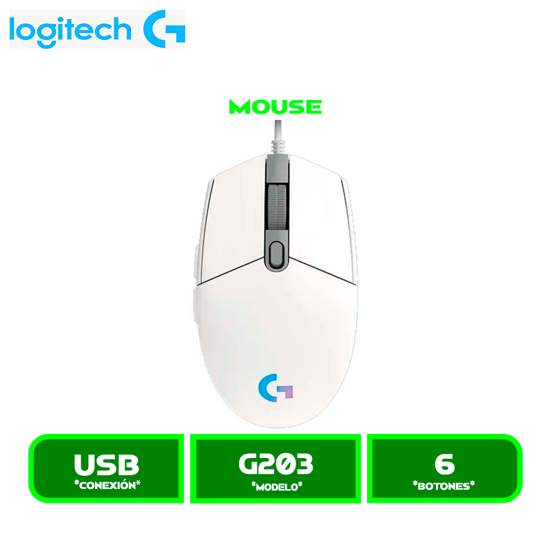 MOUSE LOGITECH G203 LIGHTSYNC OPTICAL 8000 DPI RGB WHITE (910-005791)