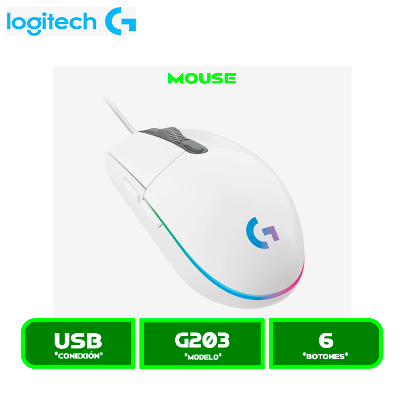 MOUSE LOGITECH G203 LIGHTSYNC OPTICAL 8000 DPI RGB WHITE (910-005791)